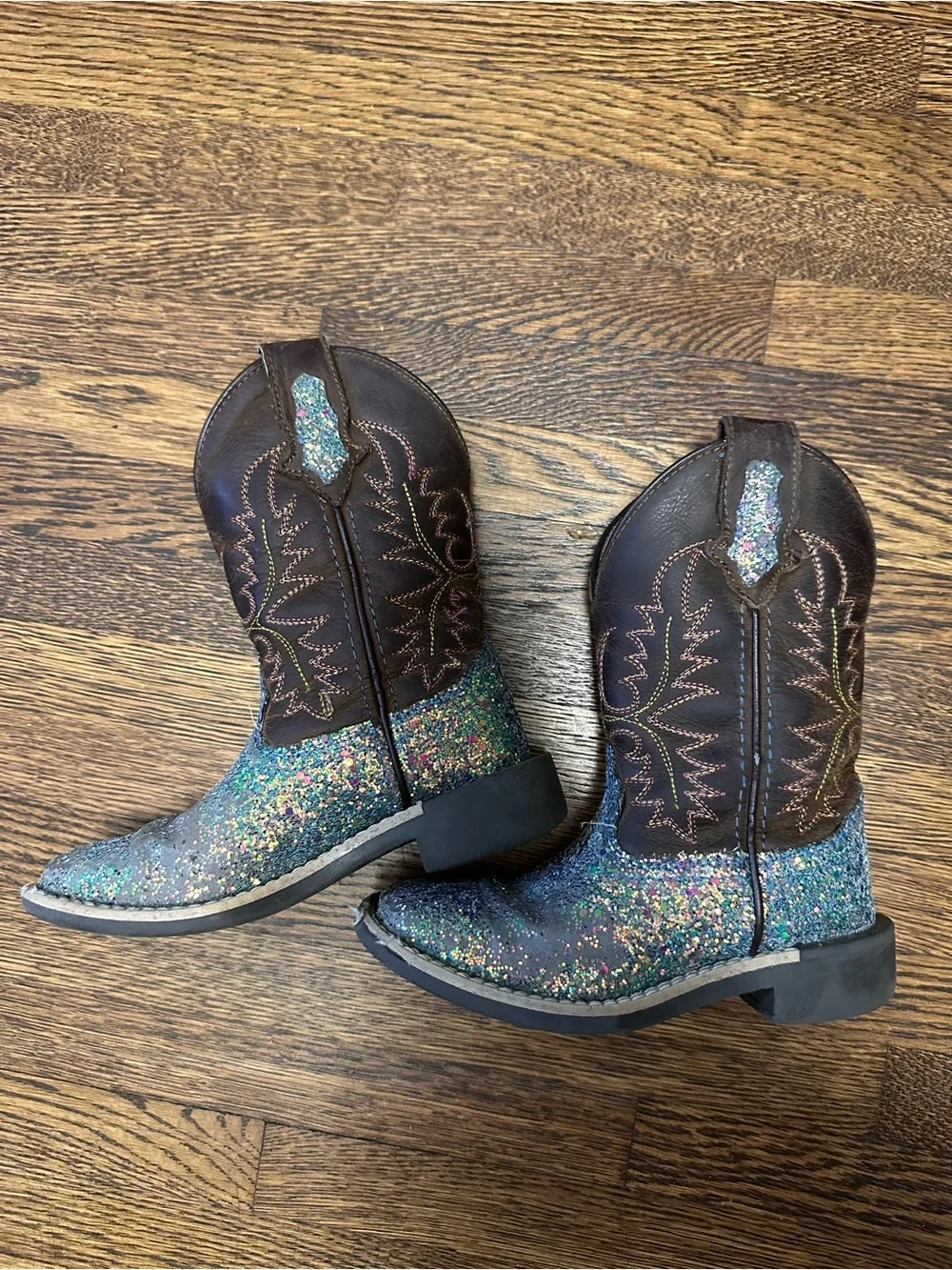 Girls Glitter Western Boots with Brown Shaft and Pink Leopard Lining